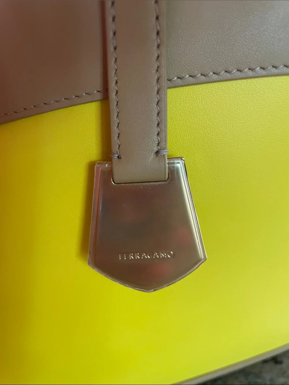 Brand new. Salvatore Ferragamo Yellow and Tan Colorblock Leather Tote with Pouch